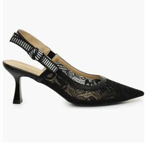 Nicole Miller Black Lace Slingback Kitten Heels